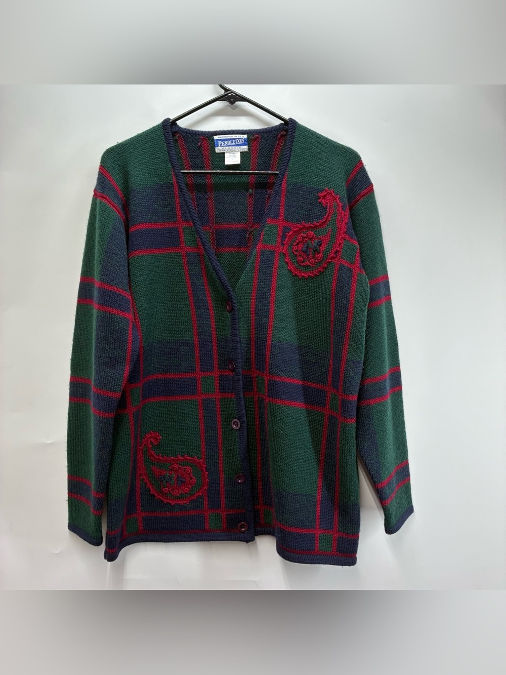 Vintage 90s Pendleton Large Wool Plaid Cardigan Sweater Paisley Button Up Retro - Picture 2 of 5